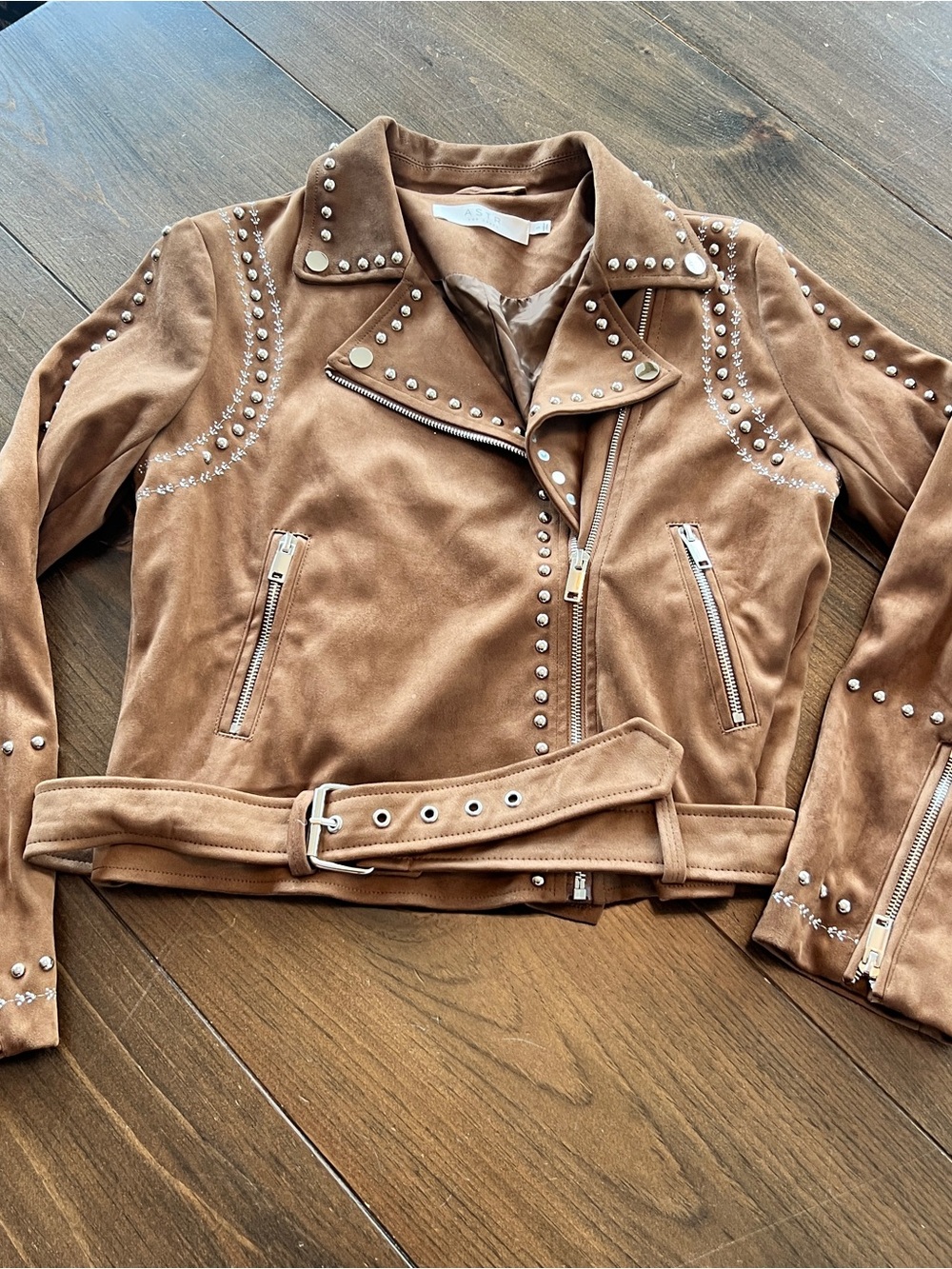 Astr Brown Suede Studded Cropped Moto Jacket